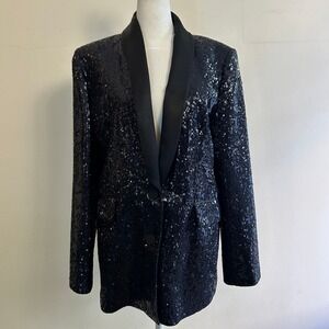 Zara Sequin Blazer Womens Large Black Shawl Lapel Tuxedo Jacket